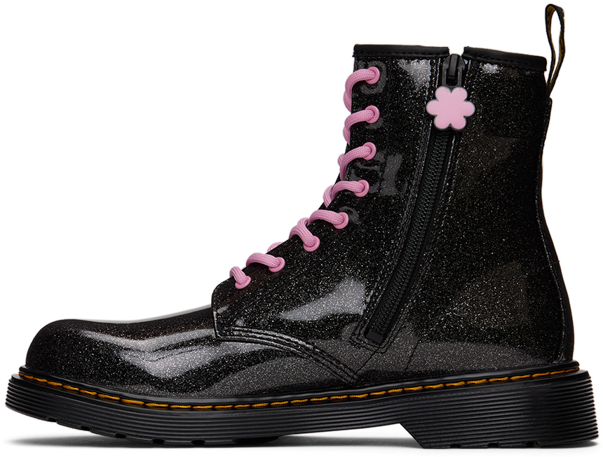 Dr. Martens' Kids Black 1460 Flower Appliqué Big Kids Boots In Coated Glitter