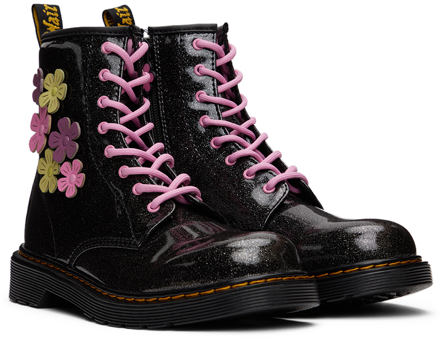 Dr. Martens' Kids Black 1460 Flower Appliqué Big Kids Boots In Coated Glitter