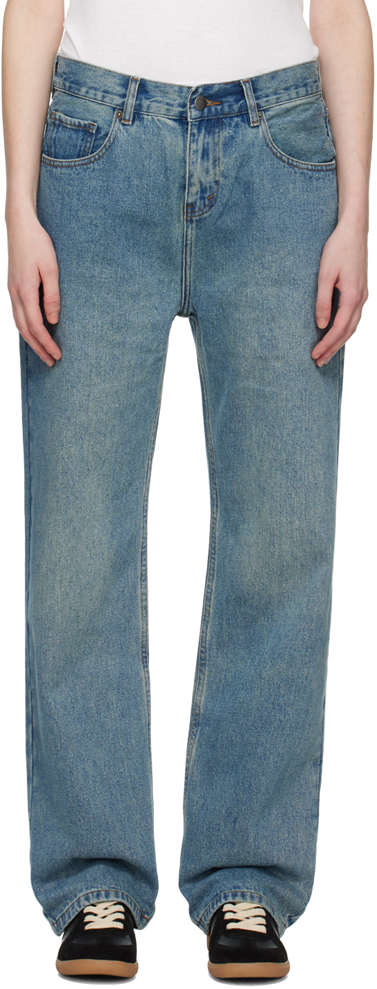 Wynn Hamlyn Blue Straight Jeans In Mid Wash Indigo