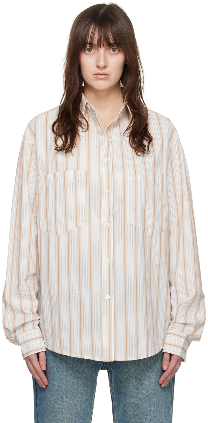 Wynn Hamlyn Off-white & Brown Patch Pocket Shirt In Brown/ivory Stripe
