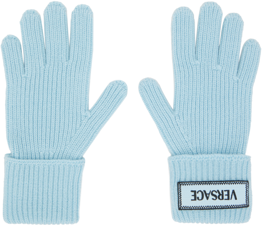 Versace 90s Vintage Logo Knit Gloves In Light Blue