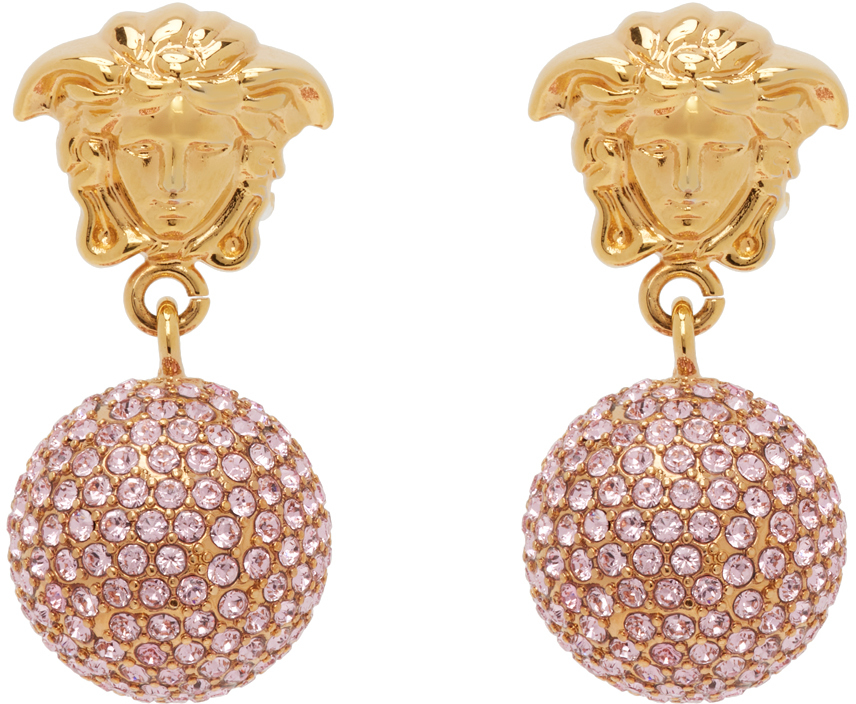 Gold & Pink Medusa Crystal Ball Earrings