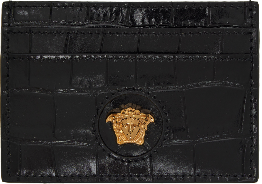 Versace Black Croco Card Holder In 1b00v-black-gold