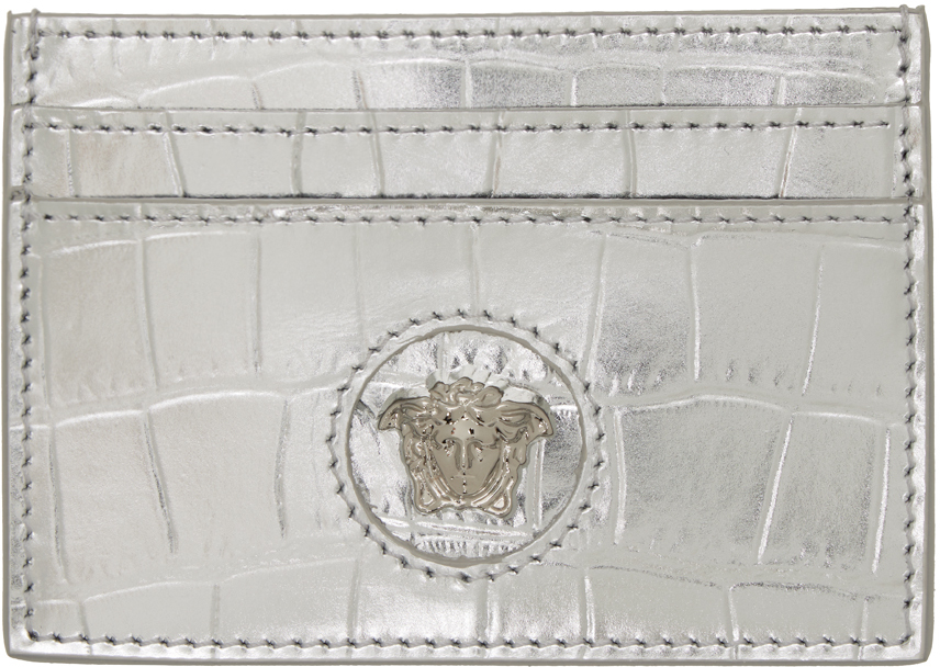 Versace Silver Croco Card Holder In 1e56p Palladium