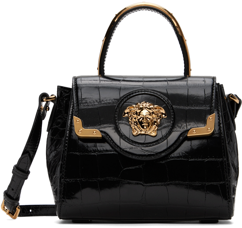 Shop Versace Black Croc-effect 'la Medusa' Small Bag In 1b00v-black-gold