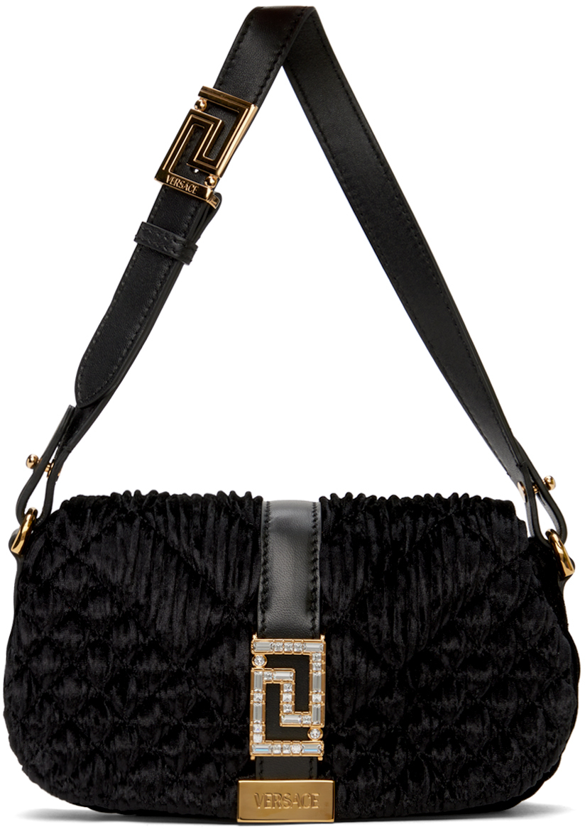 Shop Versace Black Greca Goddess Velvet Mini Bag In 1b00v-black-gold