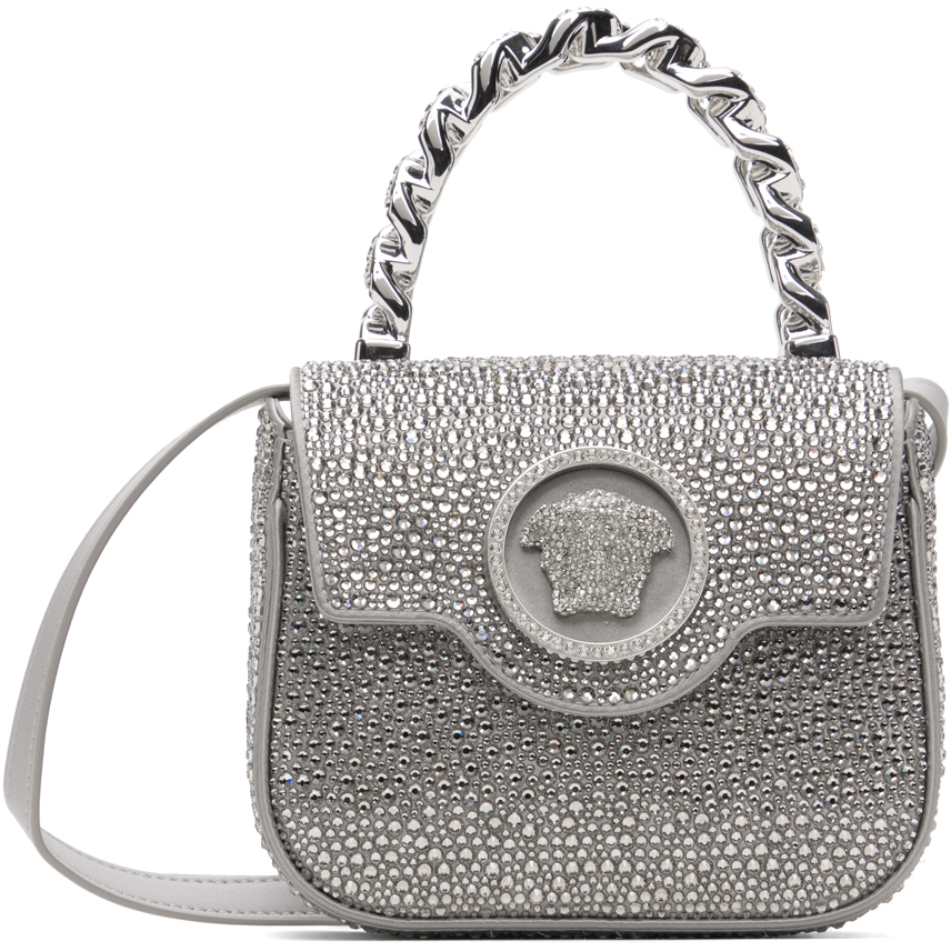 Versace Silver Crystal 'la Medusa' Mini Bag In Gray