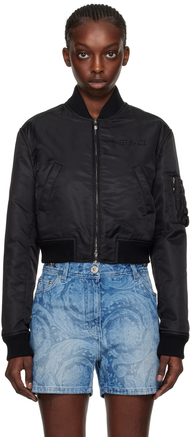 Shop Versace Black Cropped Bomber Jacket In 1b000-black