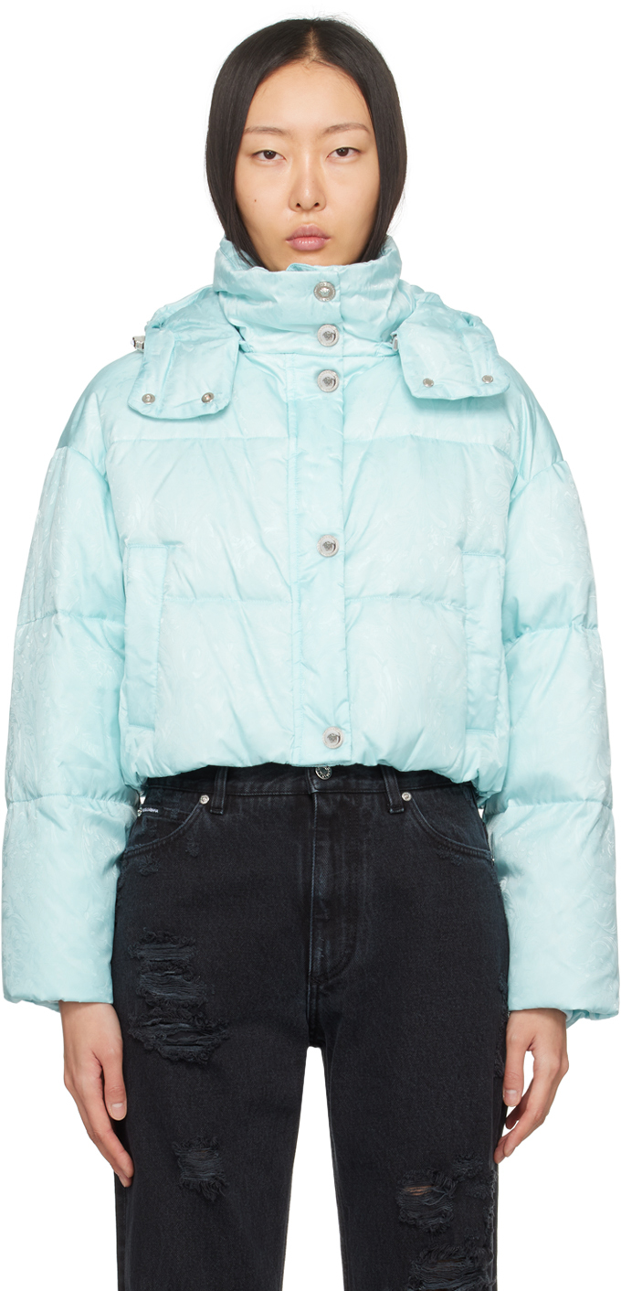 Shop Versace Blue Barocco Down Jacket In 1vd50-pale Blue