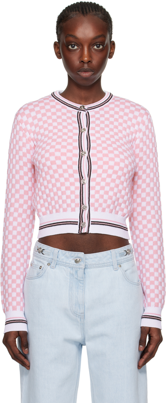 Shop Versace White & Pink Contrasto Cardigan In 2wk80 White+pink