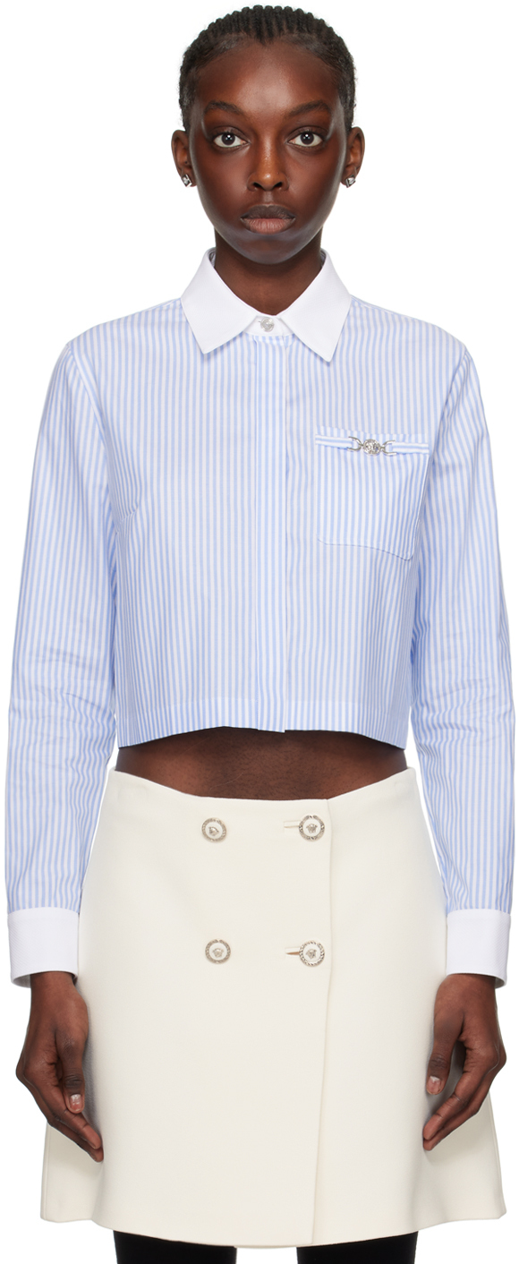 Shop Versace Blue & White Striped Shirt In 2ve30 Pastel Bluewhi