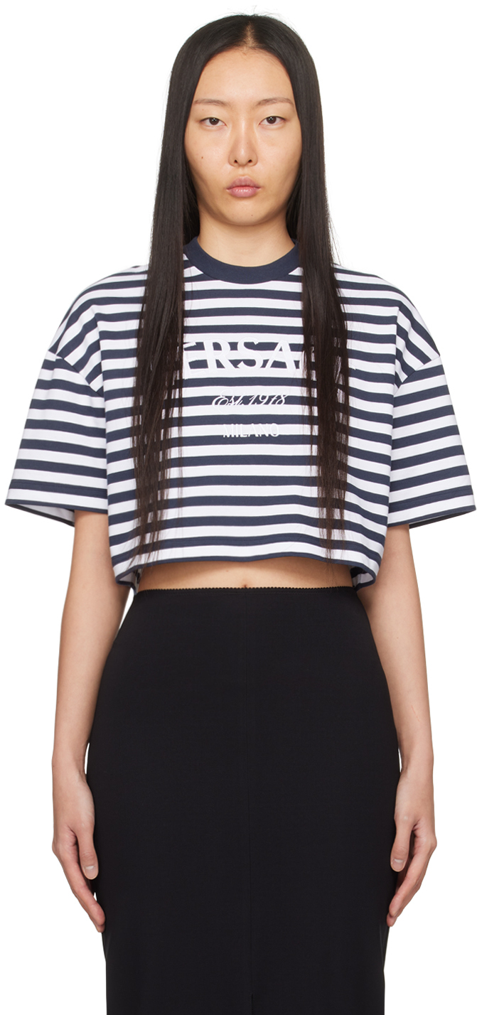 Shop Versace Navy Striped T-shirt In 6wc10-white+navy+mul