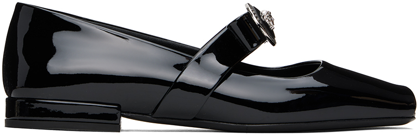 Black Gianni Ribbon Open Patent Ballerina Flats by Versace on Sale