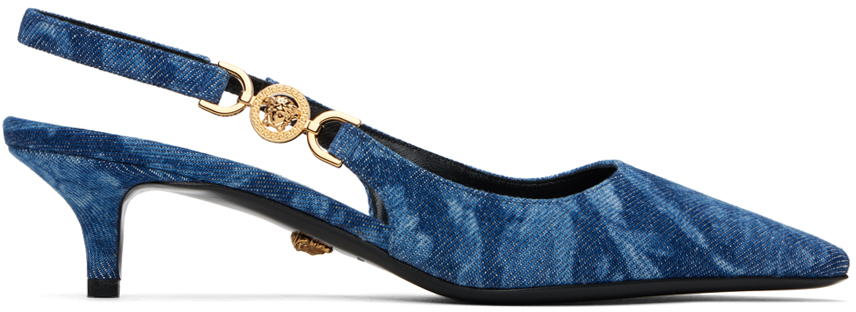 Shop Versace Blue Barocco Denim Heels In 1d06v-blue- G