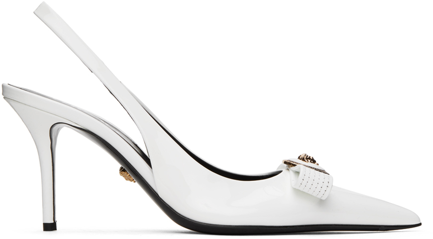 Shop Versace White Gianni Ribbon Mid Slingback Heels In 1w00v-optical White-