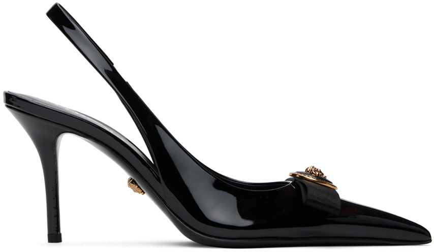 Shop Versace Black Gianni Ribbon Slingback Pumps In 1b00v-black-gold