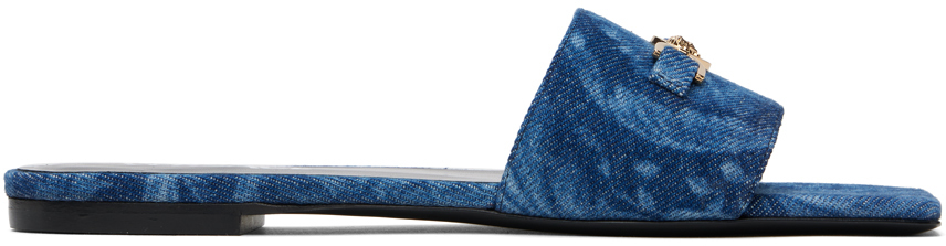 Shop Versace Blue Barocco Denim Mules In 1d06v-blue- G