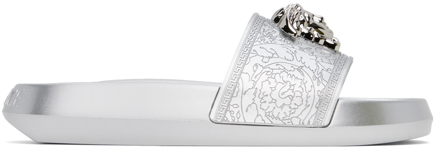 Versace Silver Palazzo Slippers In White