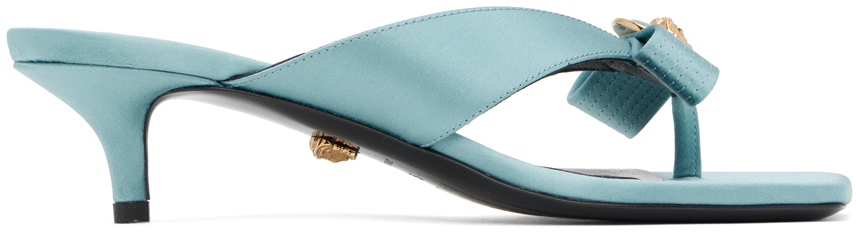 Shop Versace Blue Gianni Ribbon Low Satin Mules In 1v59v-forget Me Not-