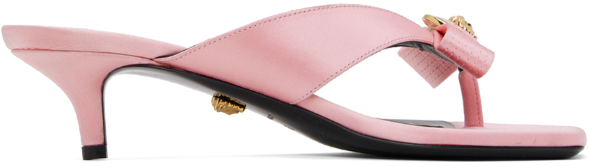 Shop Versace Pink Gianni Ribbon Low Satin Mules In 1pg4v-english Rose-v