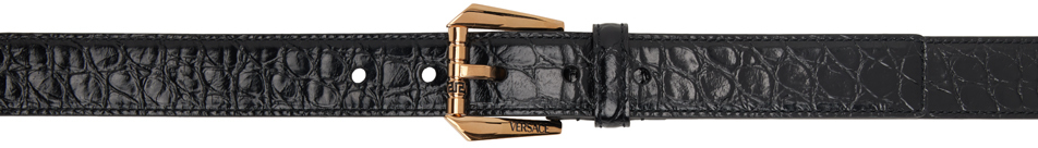 Versace Black Croc Effect Leather Belt In Black- Gold
