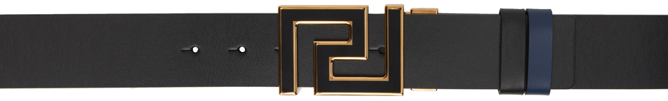 Shop Versace Reversible Black & Navy Greca Belt In Black Blue Gold