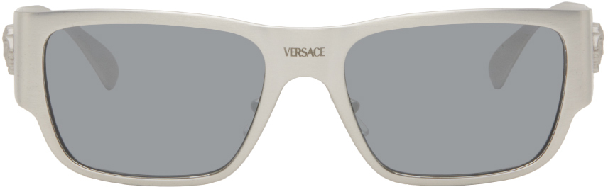 Shop Versace Silver Rectangular Sunglasses In 12666g Silver