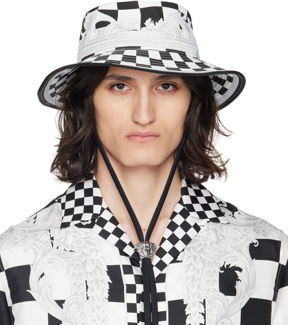 Versace Black & White Damier Print Hat In 5x550-b&w+silver