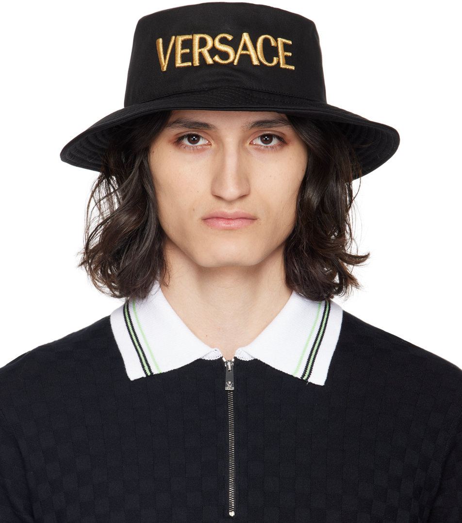 Shop Versace Black Embroidered Logo Bucket Hat In 2b150-black+gold