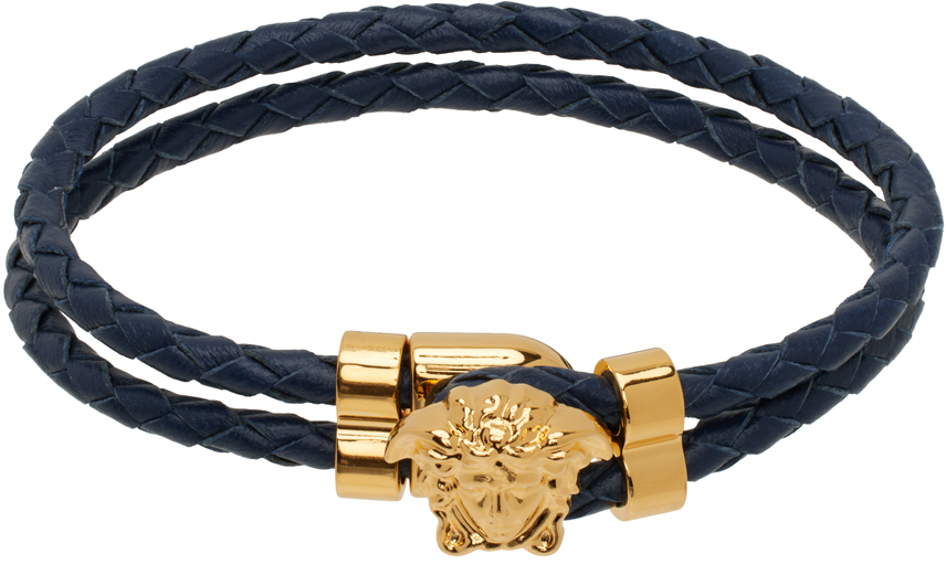Versace Navy Medusa Leather Bracelet In Navy Blue Warm Gold