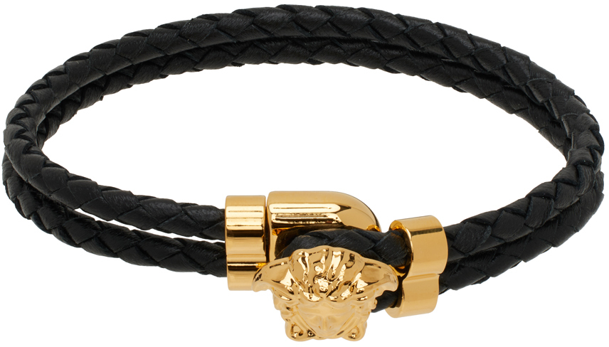 Shop Versace Black Medusa Leather Bracelet In D41o-black-gold