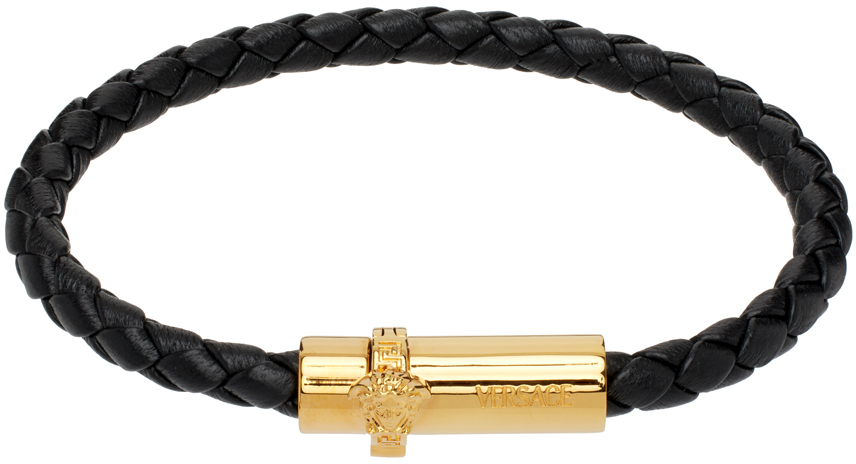 Shop Versace Black Medusa Braided Leather Bracelet In 1b00v-black-v Gold