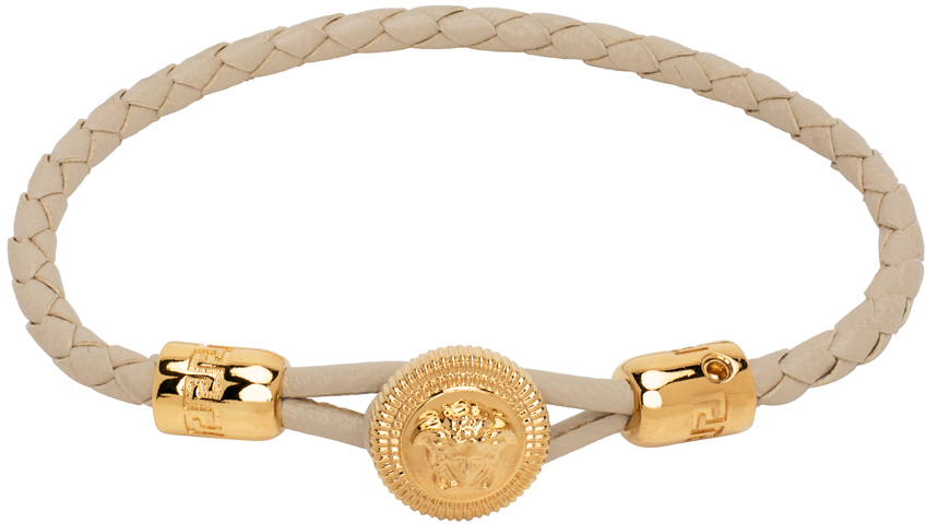 Shop Versace Beige Medusa Biggie Braided Leather Bracelet In 1kd4v-sand-gold