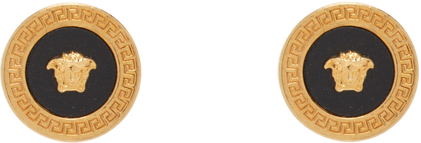 Versace Gold & Black Enamel Medusa Stud Earrings In Black-tribute Gold