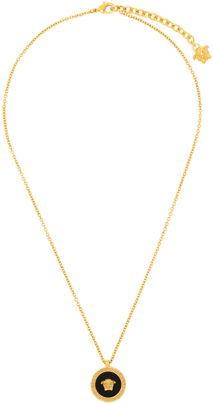 Versace Gold & Black Enamel Medusa Necklace In Black Tribute Gold