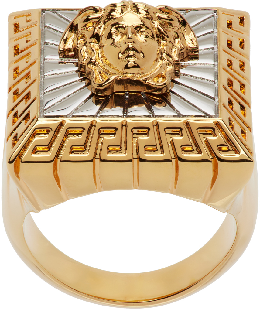 Shop Versace Gold & Silver Medusa Square Ring In V Gold Palladium