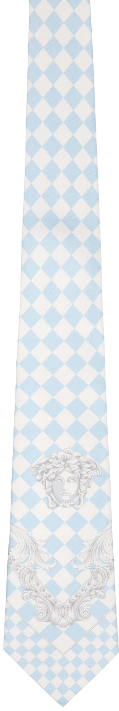 Shop Versace Blue & White Shovel Tie In 5x500-blue+whit+silv