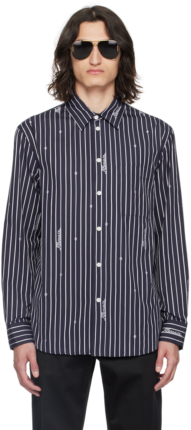 Versace Navy Nautical Stripe Shirt In 1ui20-navy Blue