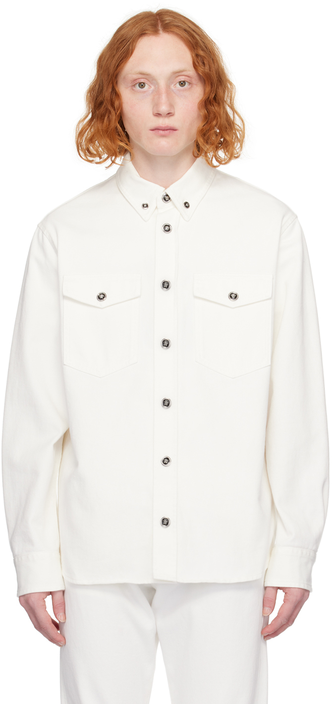 Shop Versace White Medusa Denim Shirt In 1d110-white