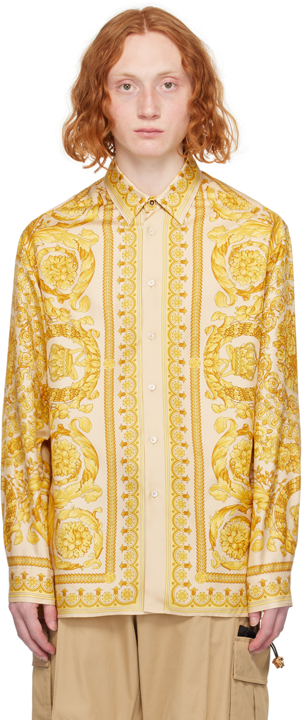 Shop Versace Beige & Yellow Barocco Shirt In 5k410-champagne