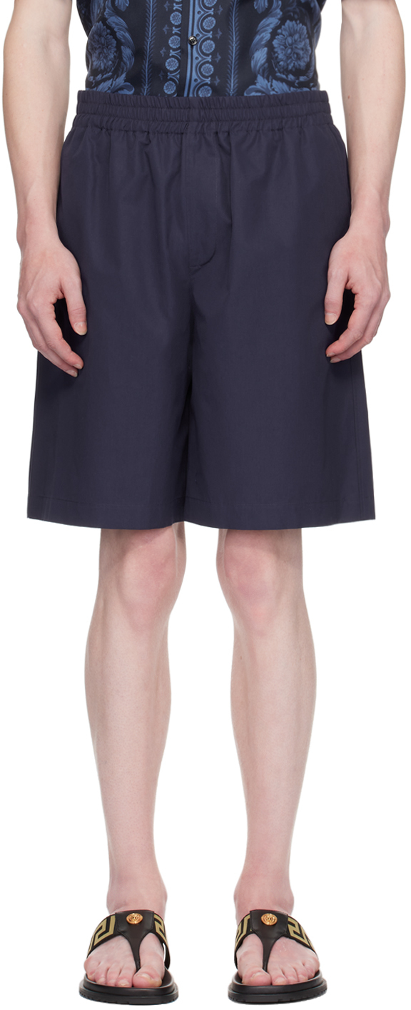 Shop Versace Navy Embroidered Shorts In 1ui20-navy Blue