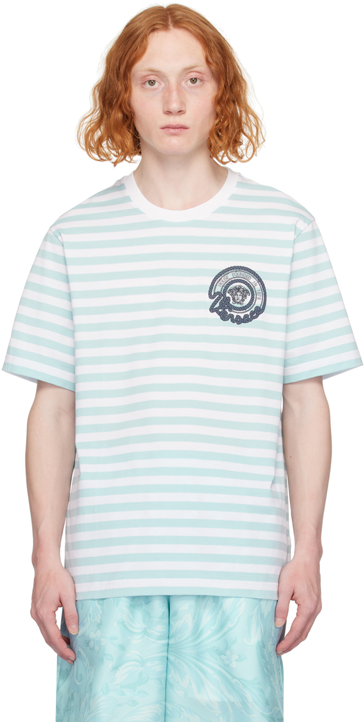 Shop Versace White & Blue Nautical Stripe T-shirt In 2wk90-white+pale Blu