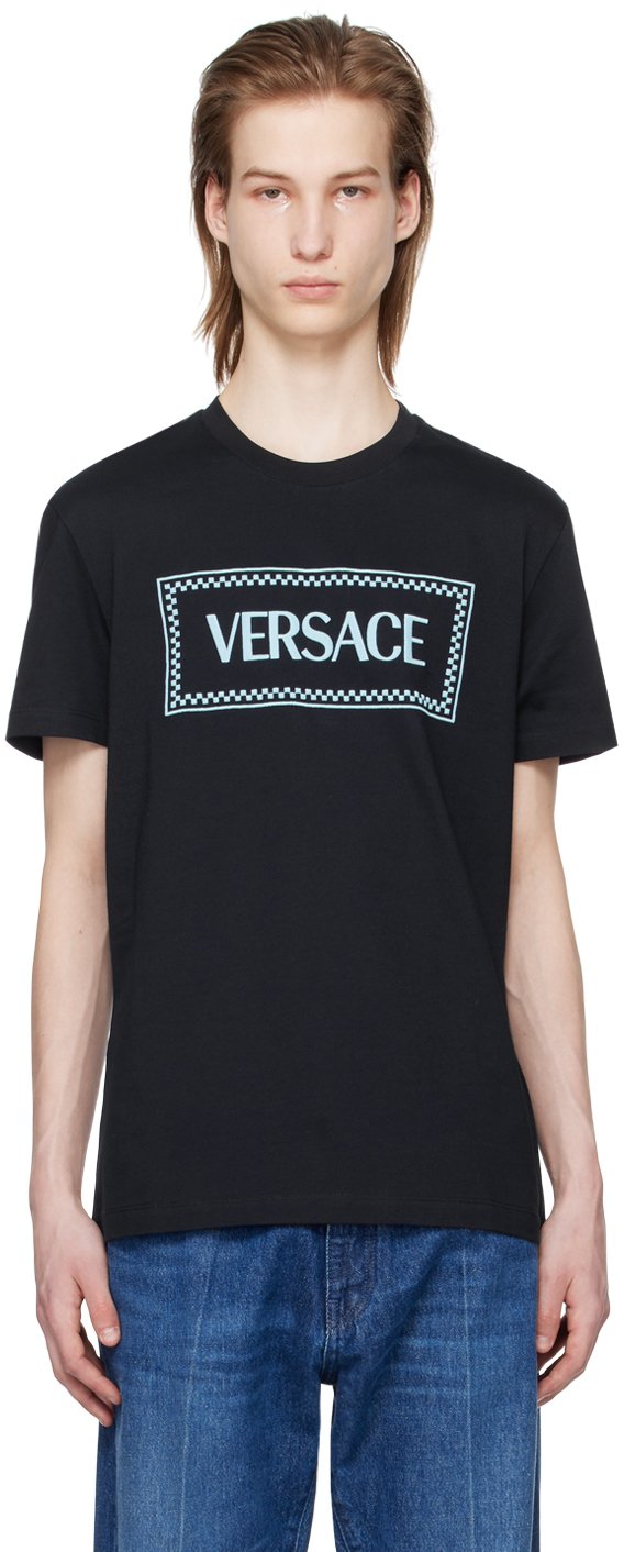 Shop Versace Navy Embroidered T-shirt In 1ui20-navy Blue