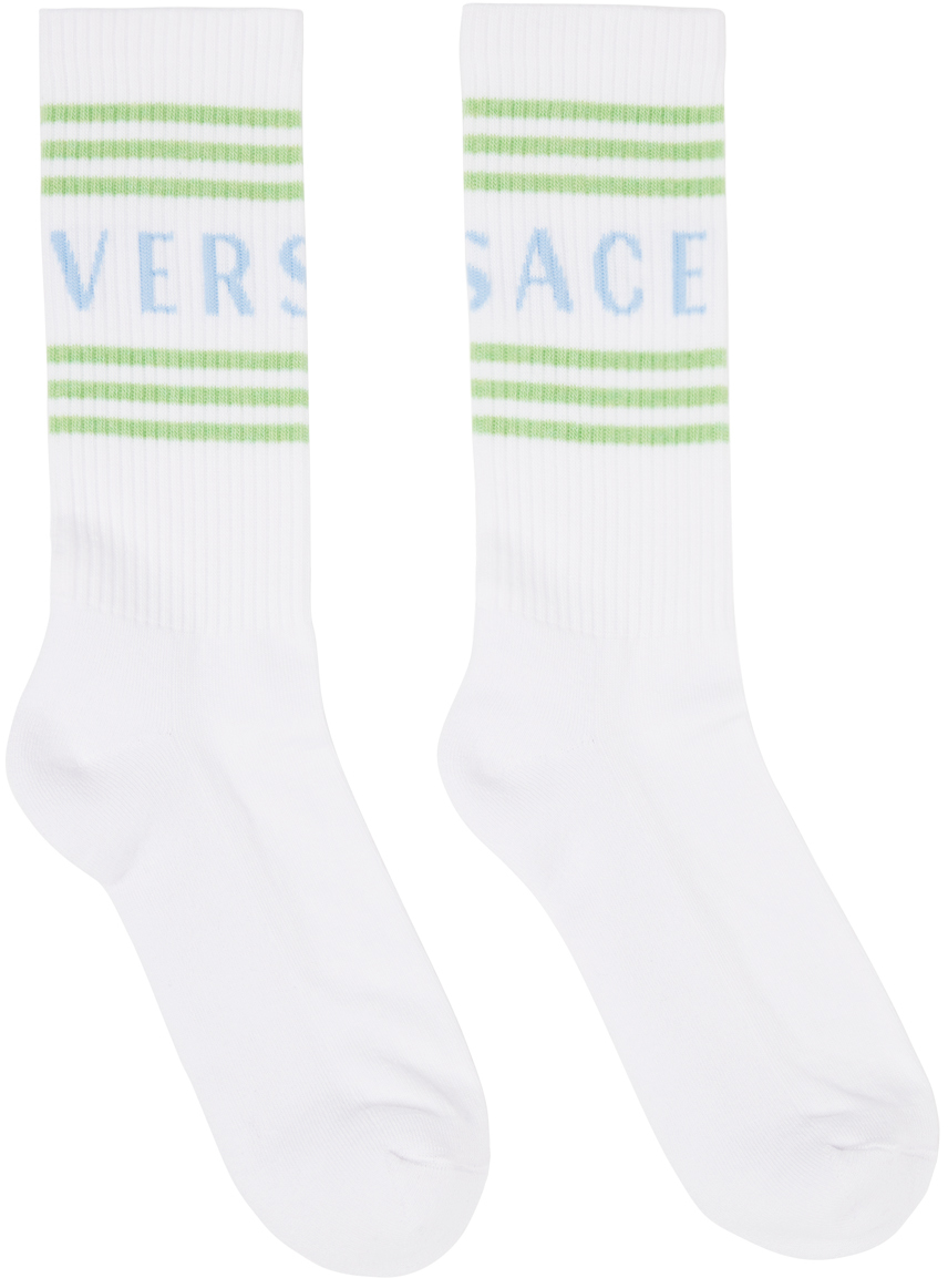 Shop Versace White 90s Vintage Logo Socks In 2wn60-bia+mint+blue