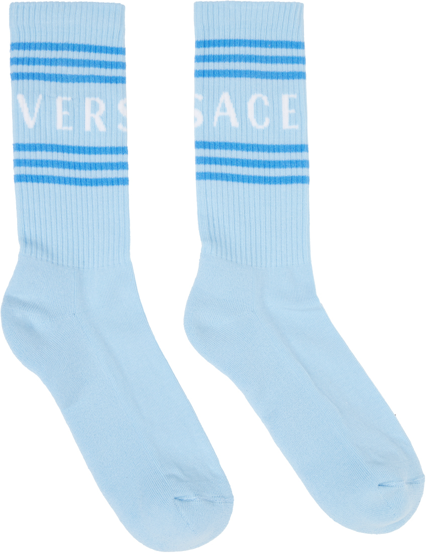 Versace Blue & White 90s Vintage Logo Socks In 2vf40-blue+dk Blue+b