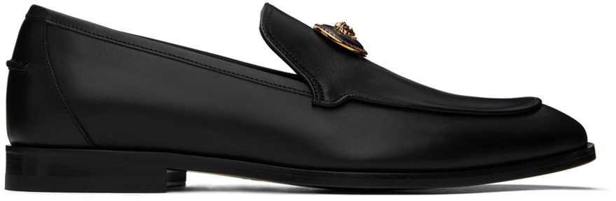 Versace Medusa Leather Slippers In Black+gold