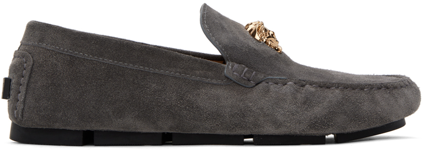 Versace Grey 'la Medusa' Suede Loafers In Chacoal- Gold