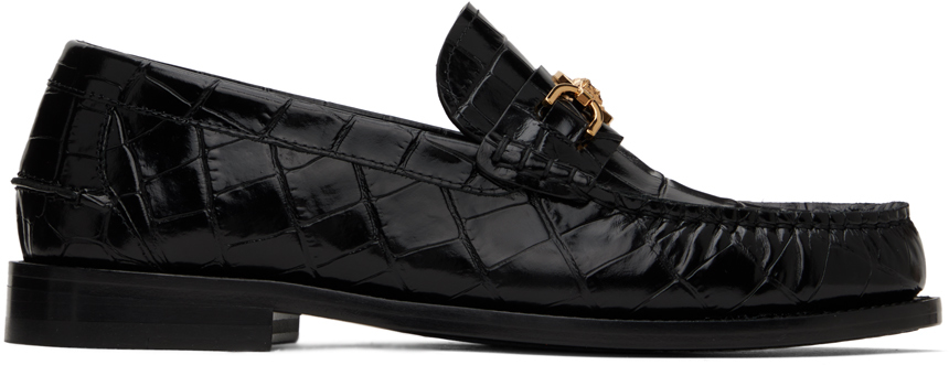 Shop Versace Black Croc-effect Medusa '95 Loafers In Black- Gold
