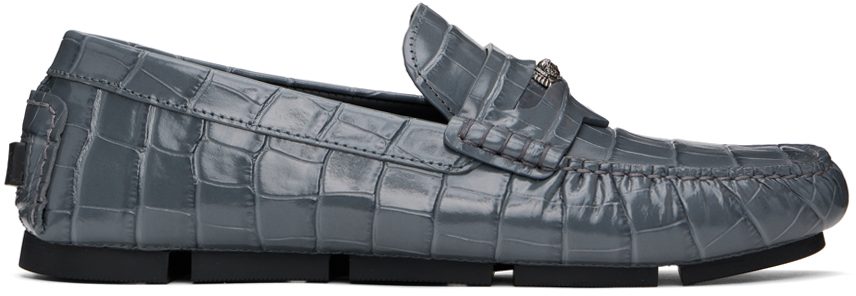 Versace Medusa Croc-effect Leather Loafers In 1ea3e-met- Rutenium