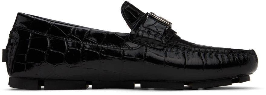 Versace Black Croc-effect Leather Driver Loafers In 1b00e Nero Rutenio